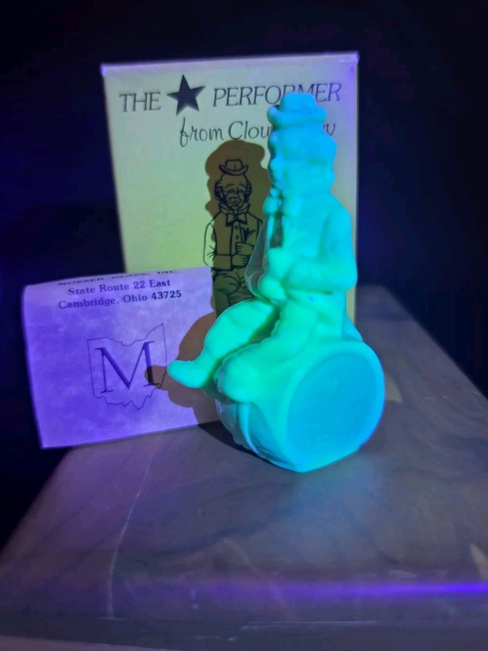 Mosser Glass Clown Alley The Performer The End 1982 w box 3 3/8 in slag glass